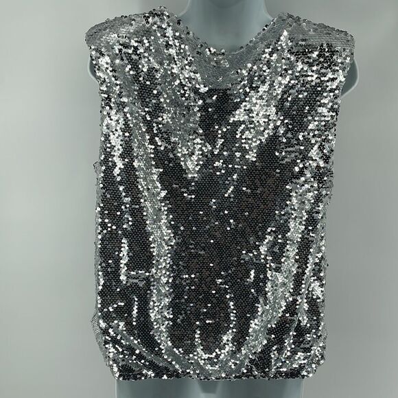 Marc New York silver sequin sleeveless top blouse NEW elastic waist shoulder pad - Picture 5 of 12